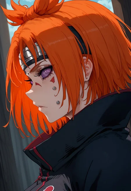 crisp image, score_9, score_8_up, score_7_up, 1girl, Pain (Chikushodo), purple sclera, ringed eyes, detailed eyes, facial mark, forehead protector, headband, akatsuki coat, black coat, red cloud print, face piercing, body piercing, medium breasts, wide hips, thin woman, light-skinned female, white woman, orange hair, short hair, ass focus, side view