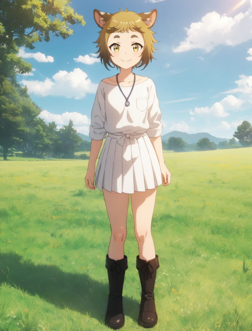 1girl, millie, (masterpiece, best quality, very aesthetic:1.2), outdoors, grass, blue sky, white shirt, white skirt, pleated skirt, wind, smile, source_anime, full body, black boots, <lora:millie_the-new-gate-000009:0.5>