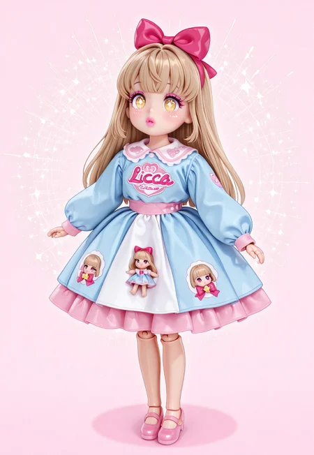((fullbody)) 1girl, solo, ((Licca-chan : 1.2)), moe, kawaii, cute, doll, doll joints, big sparkling eyes, detailed lips, makeup, fashion, ((doll clothes))