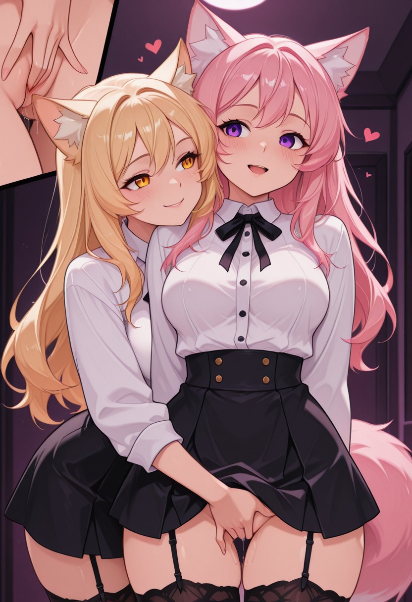 2girls, 1 girl with cat ears with purple eyes and pink hair, 1 girl with fox ears and blonde hair and amber eyes, lesbian, fingering, erotic, (masterpiece, best quality:1.3),  stockings with garter belt, cat_ears, yandere, happy, embaressed, medium breasts, loving_gaze, looking_at_viewer, white shirt with buttons, black skirt, adult, multiple_views