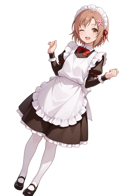 Smooth Quality,masterpiece,very intricate, high quality details, ultra realistic, high detailed skin,detailed enviorement,absurdres,
w arms,
 <lora:Yukimura_Kusunoki_CNR:0.8> yukimuria_cnr, 1girl, brown hair, short hair, brown eyes,hair flower,maid, maid headdress, apron, dress, white pantyhose,mary janes, shoes,bow,, simple background, white background, dutch angle,solo,, ;d,