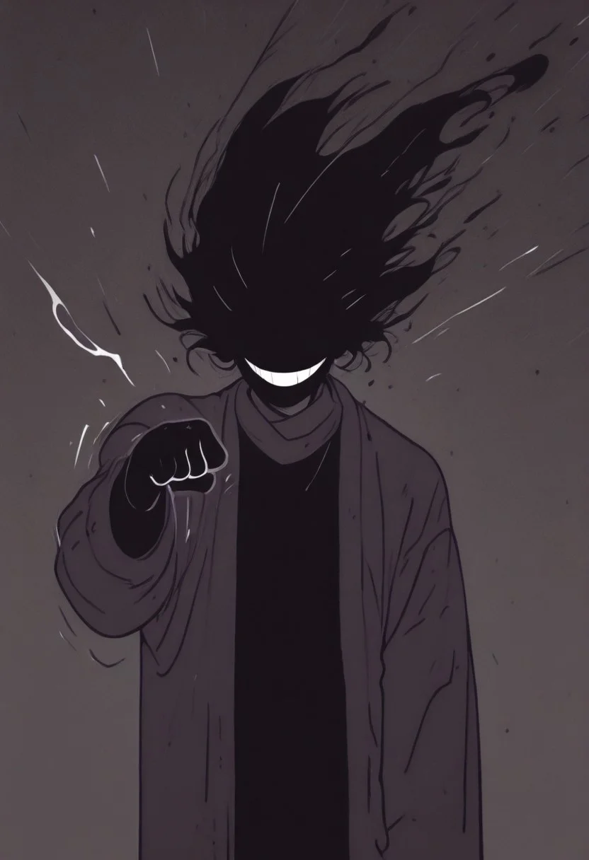 DARK Shadow, gritty, monochrome, fine lines, delivering Punch, high Quality, hyperdetailed, billowing aura, one-eyed, White grin,