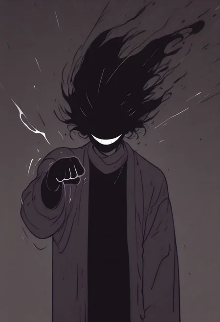 DARK Shadow, gritty, monochrome, fine lines, delivering Punch, high Quality, hyperdetailed, billowing aura, one-eyed, White grin,