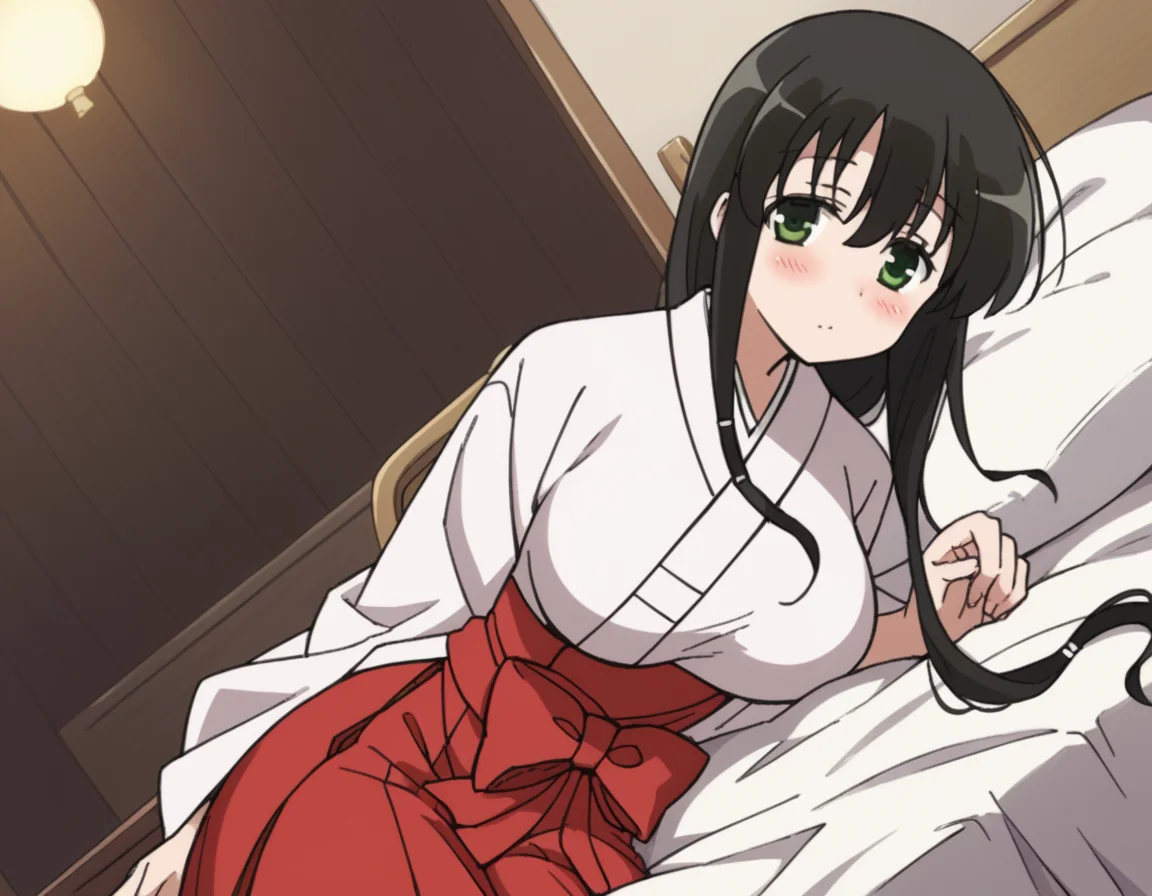 score_9, score_8_up, score_7_up, source_anime,
kasumiiwato, <lora:kasumi-iwato-s2-ponyxl-lora-nochekaiser:1>,
kasumi iwato, long hair, black hair, green eyes, hair between eyes, large breasts,
skirt, japanese clothes, hakama, hakama skirt, miko, red hakama,
indoors, bed, bed room, on side, blush, drunk,
cowboy shot, looking at viewer, solo, dutch angle,