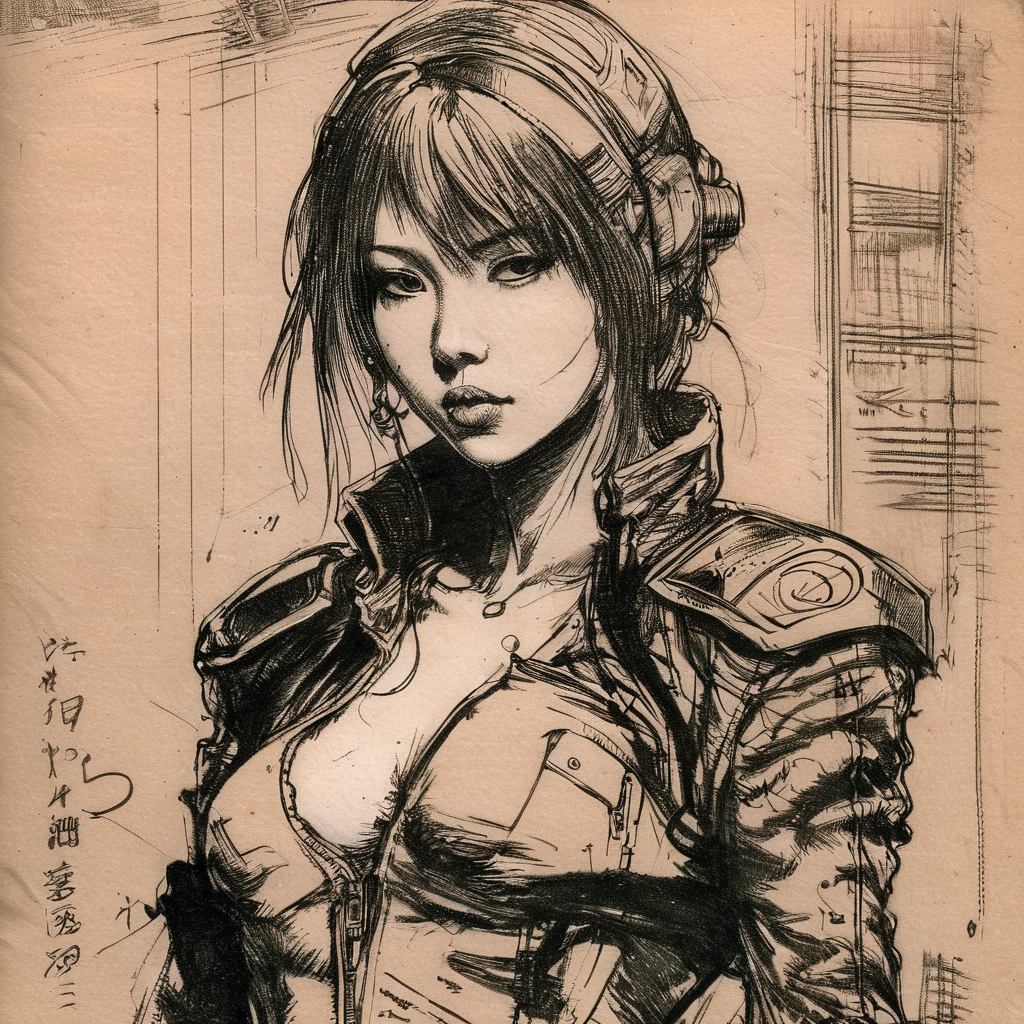 body drawing of a cyberpunk girl at midnight  streets of tokyo  in style of  <lora:skrmk05:3>,  pen, ink, pencil, sketch, breathtaking  . award-winning, professional, highly detailed