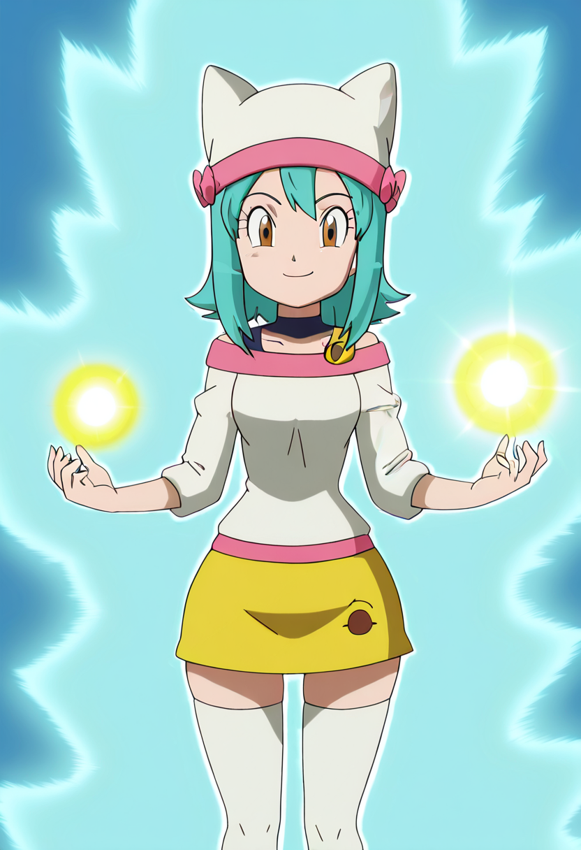 masterpiece, best quality, solo, curvy, beautiful eyes, narrow waist, wide hips, 1girl, solo, smile, looking at viewer,    zzYumei, brown eyes, aqua hair,  animal ear headwear, white shirt, bare shoulders, yellow miniskirt, white thighhighs, zettai ryouiki  <lora:YumeiByKurumiErika_IXL:1.0>,  ,vivid aura, looking at viewer, blue background, smug, aura, super saiyan, charging energy, energy ball, energy, lightning, <lora:DBSBroly_Style_IXL_v2:0.6>,