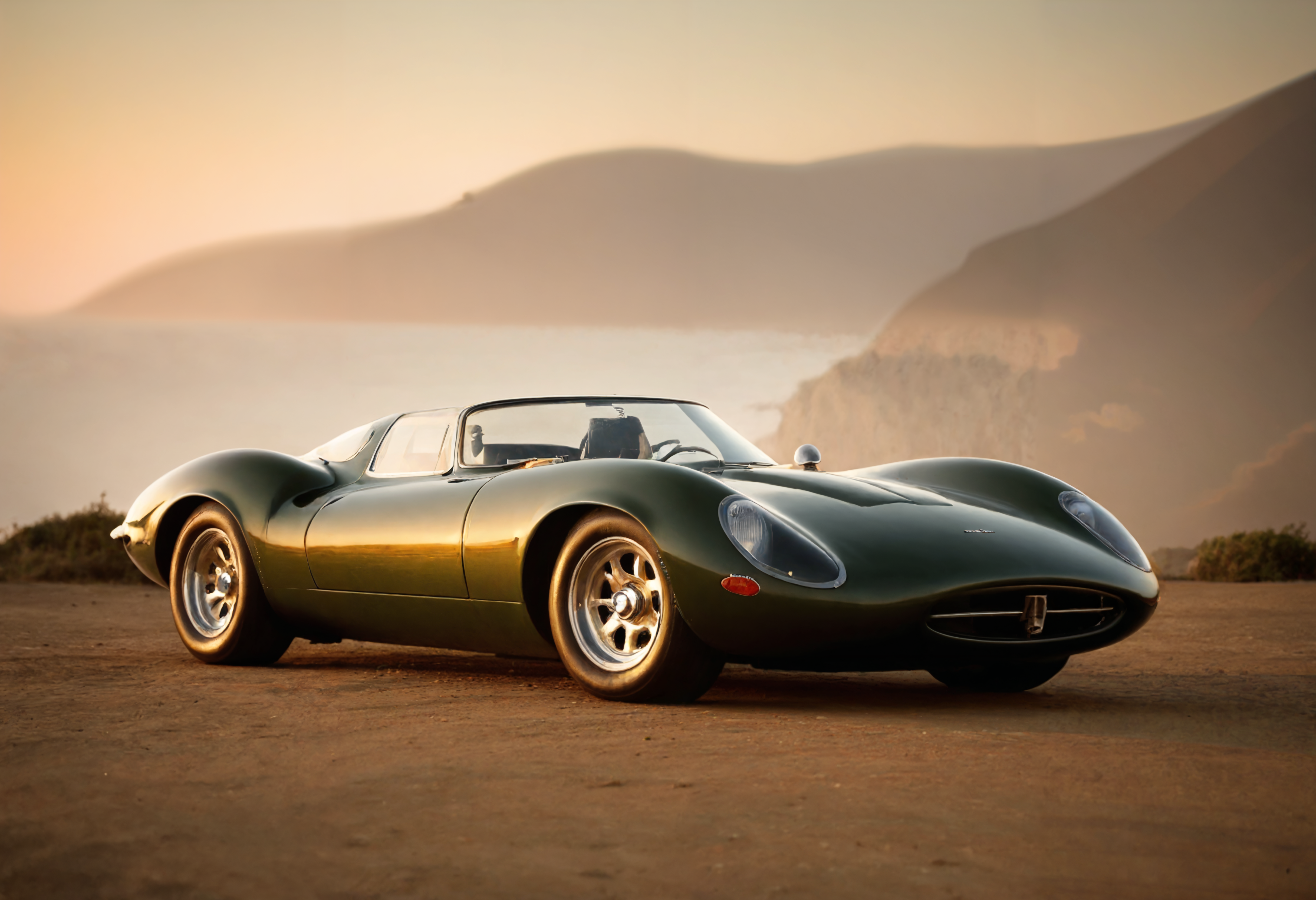 a photograph of a jaguarxj13 sports car, l960sm1deng1ne,      Fog/Mist: A misty or foggy setting that creates an ethereal and mysterious ambiance., metallic Cashmere Beige,  side view ,     Malibu, California, USA: Beaches, cliffs, and golden sunsets., dark, low-key,   low color saturation, concept art, perfect composition, masterpiece, professional photography, zeiss lens, shot on dslr 64 megapixels, sharp focus, intricately detailed, dramatic, tilt shift,