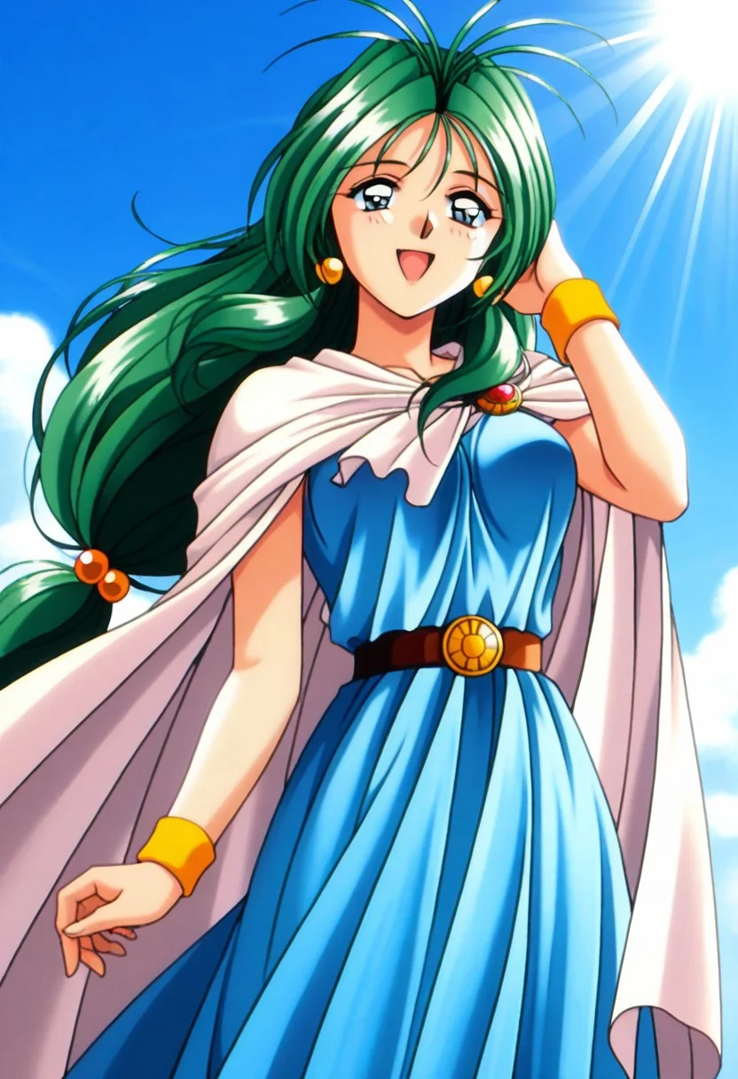 masterpiece, best quality, amazing quality, very aesthetic, high resolution, 1girl, cowboy shot, anime-style, digital art, high resolution, cute girl, smiling, sunlight, bright, clear sky, blue sky, clouds, daytime, outdoor, wind blowing her hair, dynamic pose, cheerful mood, light reflections, detailed background, high quality, beautiful, attractive, light rays, bright lighting, sky, joyful, happy, energetic, bright atmosphere, detailed shading, anime aesthetics, vibrant, lively, braid, jewelry, belt, cape, blue dress, wristband, retro artstyle, 1990s \(style\), 
clairemm, blue eyes, green hair, antenna hair, long hair, low-tied long hair, hair bobbles, medium breasts, mature female,