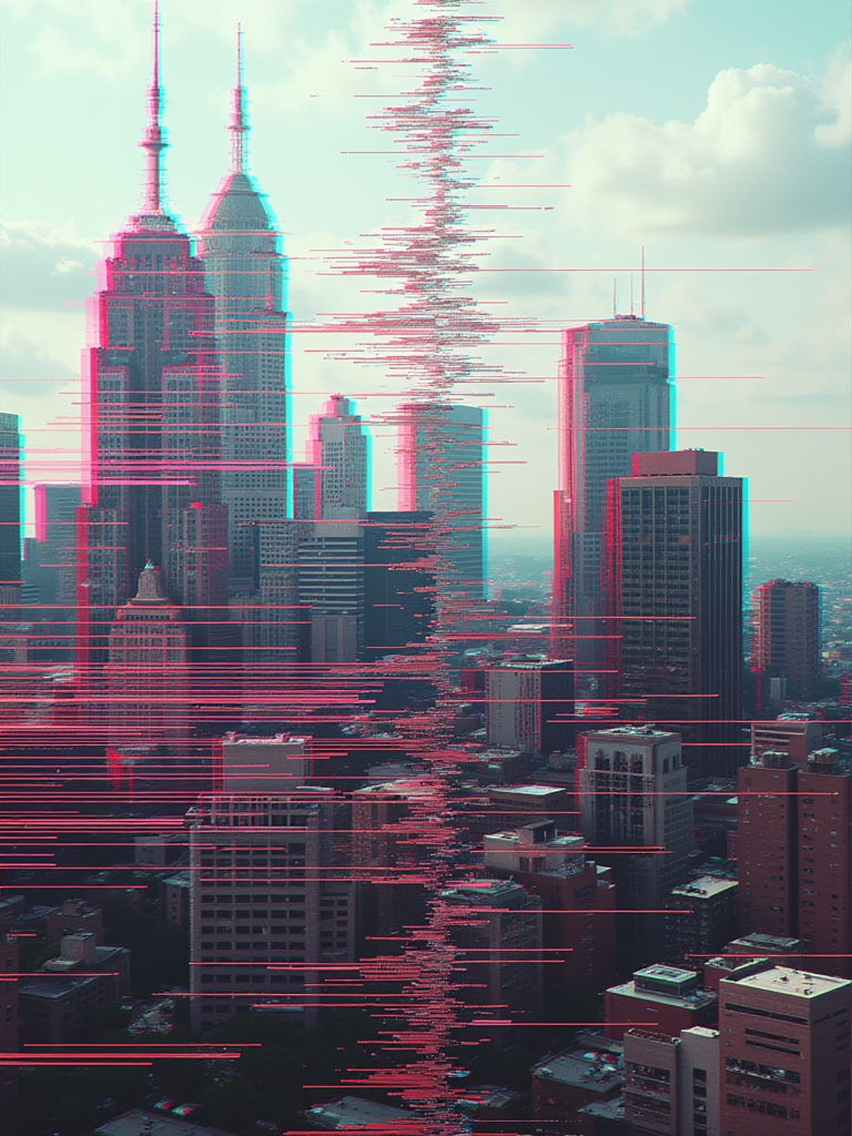 A heavily glitched photograph of a cityscape glitched with an abstract texture. gl1tchc0re <lora:Glitchcore_Flux:1>
