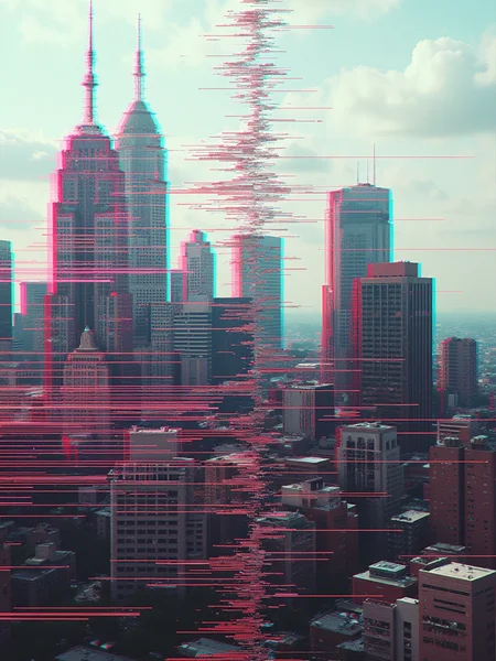 A heavily glitched photograph of a cityscape glitched with an abstract texture. gl1tchc0re <lora:Glitchcore_Flux:1>