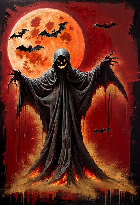 artpieces, Dynamic painting of the spirit of Halloween, long limbed ghost figure, grinning jack-o-lantern head, glowing inside, breaking apart into pieces and metallic golden dust and black bats, spooky and artistic, blood red moon overhead, rule of thirds, artistic composition, EnhanceImage