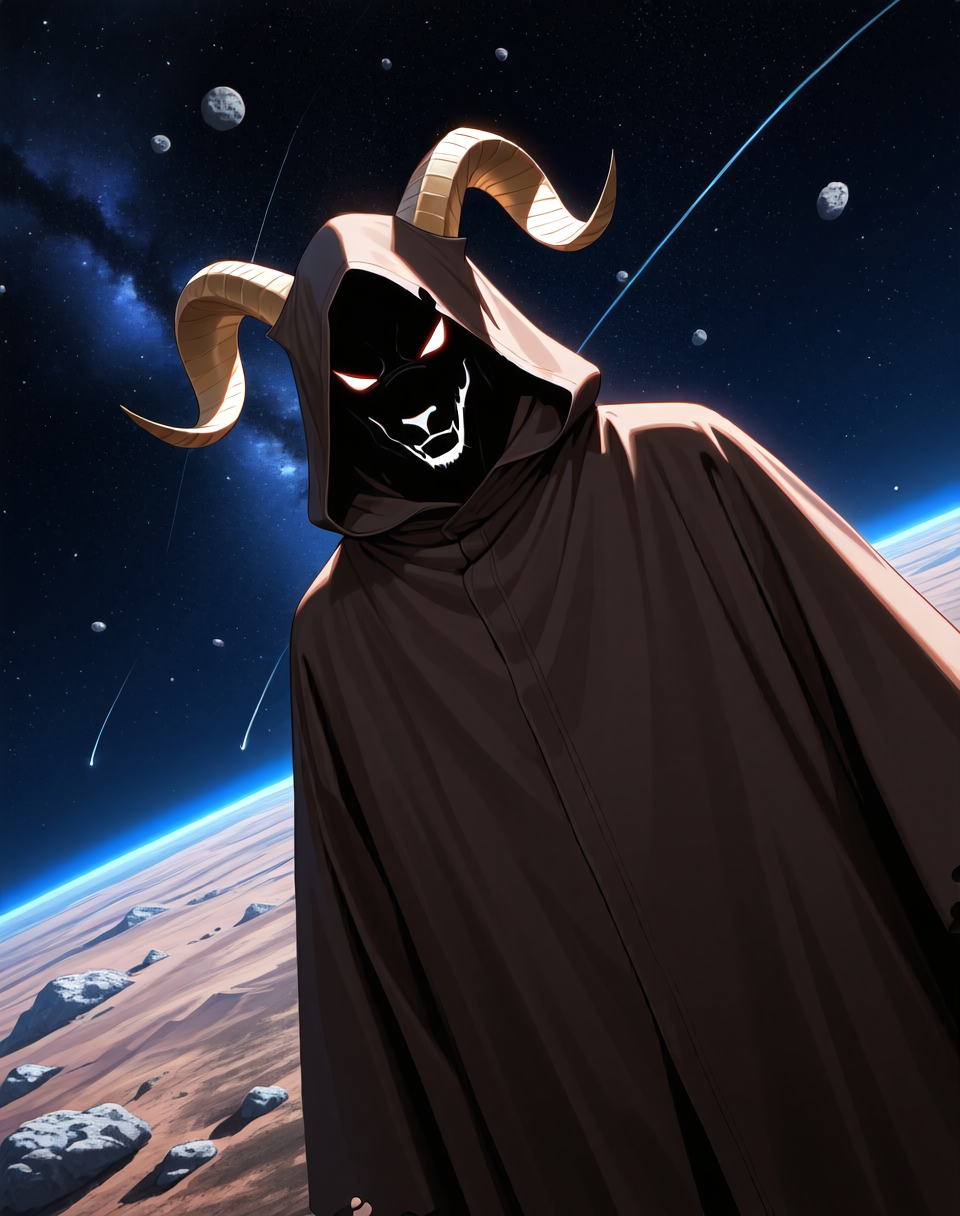 <lora:Moro_Hooded_Form_(Dragonball_Z)_(Illustrious)_(AD):1.35> Moro, hooded cloak, goat, 
((
dutch angle, exterior, outer space, asteroid field, 
male focus, gradient coloring, solo, cowboy shot, soft shading, old, aged up, dark picture, tattered brown cloak, evil villain, large hood covering entire head and face, goat mouth, horn peak under hood, 
):1.5), 
BREAK very awe, aesthetically pleasing, masterpiece, best quality, amazing quality, very aesthetic, perfect depth of field shot, in'ei, furry_art, source_furry, source_anime,
EZRealPONYXL, zPDXL, Smooth Quality, lazympos, IllustQualXL_Pos,