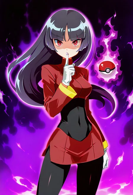 masterpiece, best quality,
zzSabrina, red eyes, long hair, blunt bangs, sabrina (pokemon), purple hair, pantyhose, black hair, long sleeves, red skirt, white gloves, black bodysuit, 
one finger up, floating pokeball, purple glow, 
purple aura, 
purple fire in background, 
cowboy shot, looking at viewer, shiny skin,