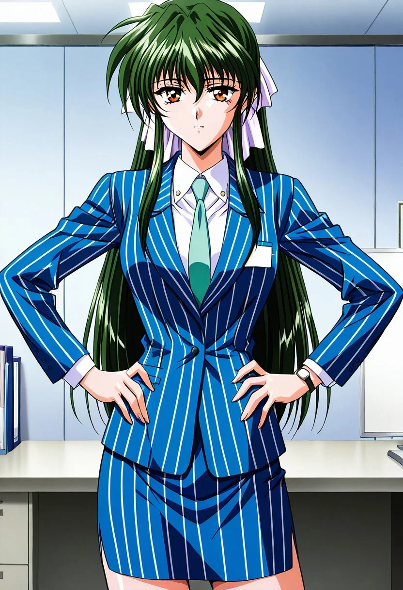 general,highres, ultra-detailed,very aesthetic,best quality ,best hands,masterpiece, best quality, newest, highres, score_9, score_8_up, score_7_up, source_anime, rating_explicit,1girl, yokota mamoru style,motion lines,,Very straight nose,slim,slender face,perfect nose,1990s (style)
Sendou Hitomi, Green Hair, Sidehair, Waist Length Hair,Amber Eyes,Necktie, Ribbon Hair Tie
 anime screencap, 1girl, solo, necktie, striped, indoors, vest, lips, formal, suit, desk, pencil skirt, hands on hips, wristwatch, office lady, pinstripe pattern, office, pinstripe suit ,wearing edgP_(pencil_dress), office lady, <lora:edgPencilDressILS:1>