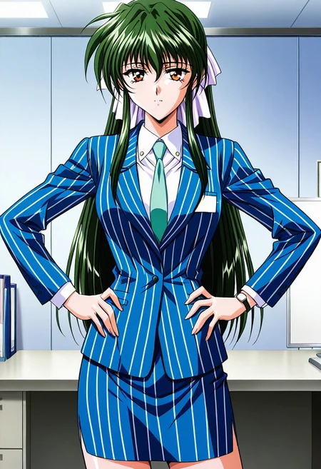 general,highres, ultra-detailed,very aesthetic,best quality ,best hands,masterpiece, best quality, newest, highres, score_9, score_8_up, score_7_up, source_anime, rating_explicit,1girl, yokota mamoru style,motion lines,,Very straight nose,slim,slender face,perfect nose,1990s (style)
Sendou Hitomi, Green Hair, Sidehair, Waist Length Hair,Amber Eyes,Necktie, Ribbon Hair Tie
anime screencap, 1girl, solo, necktie, striped, indoors, vest, lips, formal, suit, desk, pencil skirt, hands on hips, wristwatch, office lady, pinstripe pattern, office, pinstripe suit ,wearing edgP_(pencil_dress), office lady, <lora:edgPencilDressILS:1>