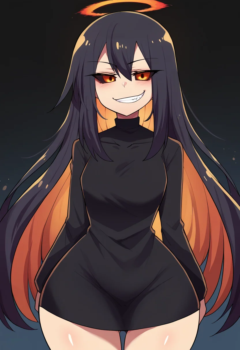 score_7_up, source_anime BREAK <lora:hinghoi-artist-richy-v1_pdxl-000003:1> 1girl, solo, standing, smirk, grin, <lora:gijinkaseries_blackhole_ponyXL:1> blackhole-chan, colored sclera, black dress, black background, wide hips, hal