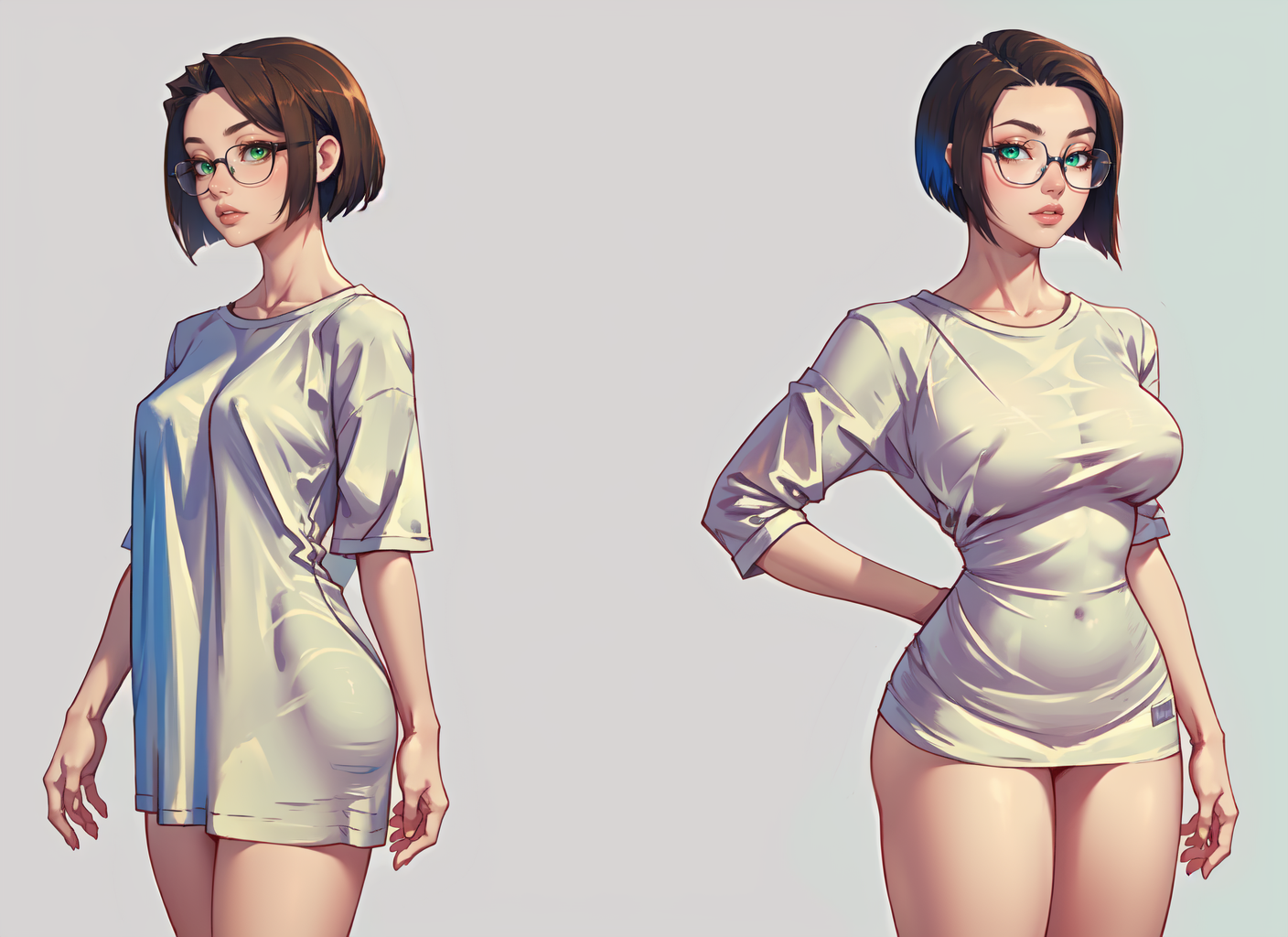 (masterpiece, best quality, absurdres, 4k, aesthetic, detailed, intricate), simple background, 1girl,oversized t-shirt,white t-shirt,mimoza,glasses,short hair<lora:mimoza-sn2-richy-v1:0.9> <lora:pajamas_challenge_v1:1>
