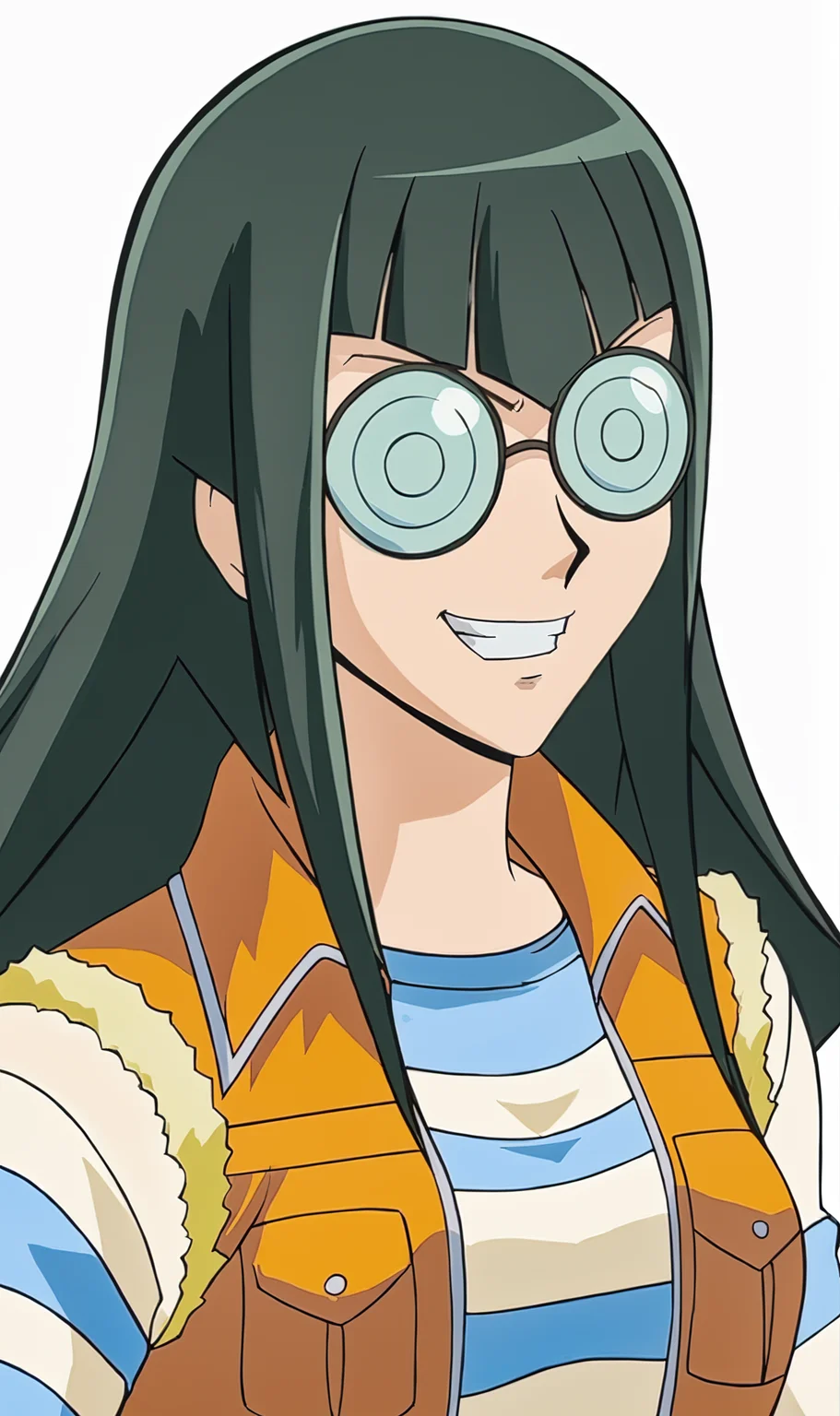 CC, 1girl, solo, green hair, long hair, round glasses, orange vest, striped long sleeve shirt, portrait, looking at viewer, grin, white background, simple background, blank background, <lora:Carly Carmine Pony XL:1>