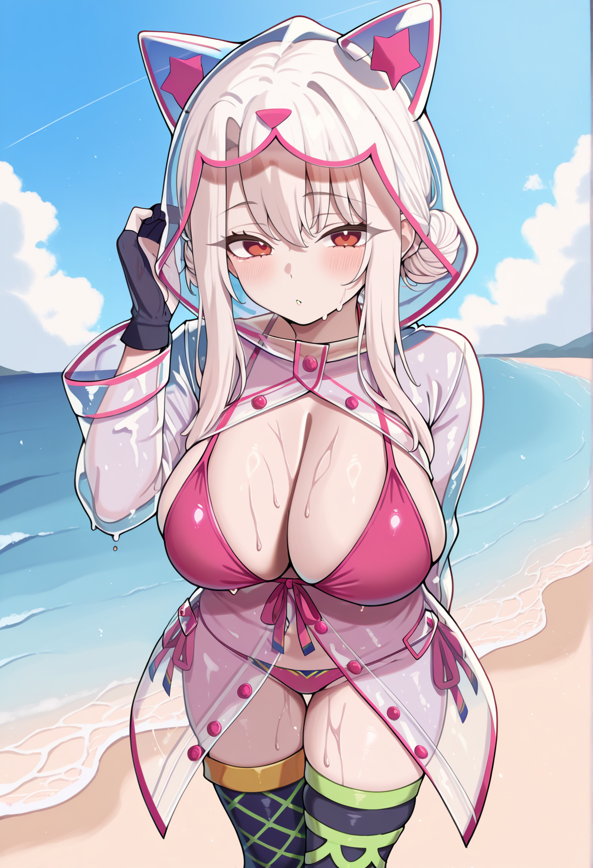 1girl, solo, white hair, red eyes, long hair, double bun, pink bikini, asymmetrical legwear, partially fingerless gloves, raincoat, see-through, cat Hood, hand on hair, outdoors, beach, big breasts <lora:Illya_Illus:1>, masterpiece, best quality, amazing quality, very aesthetic, absurdres, highres, newest