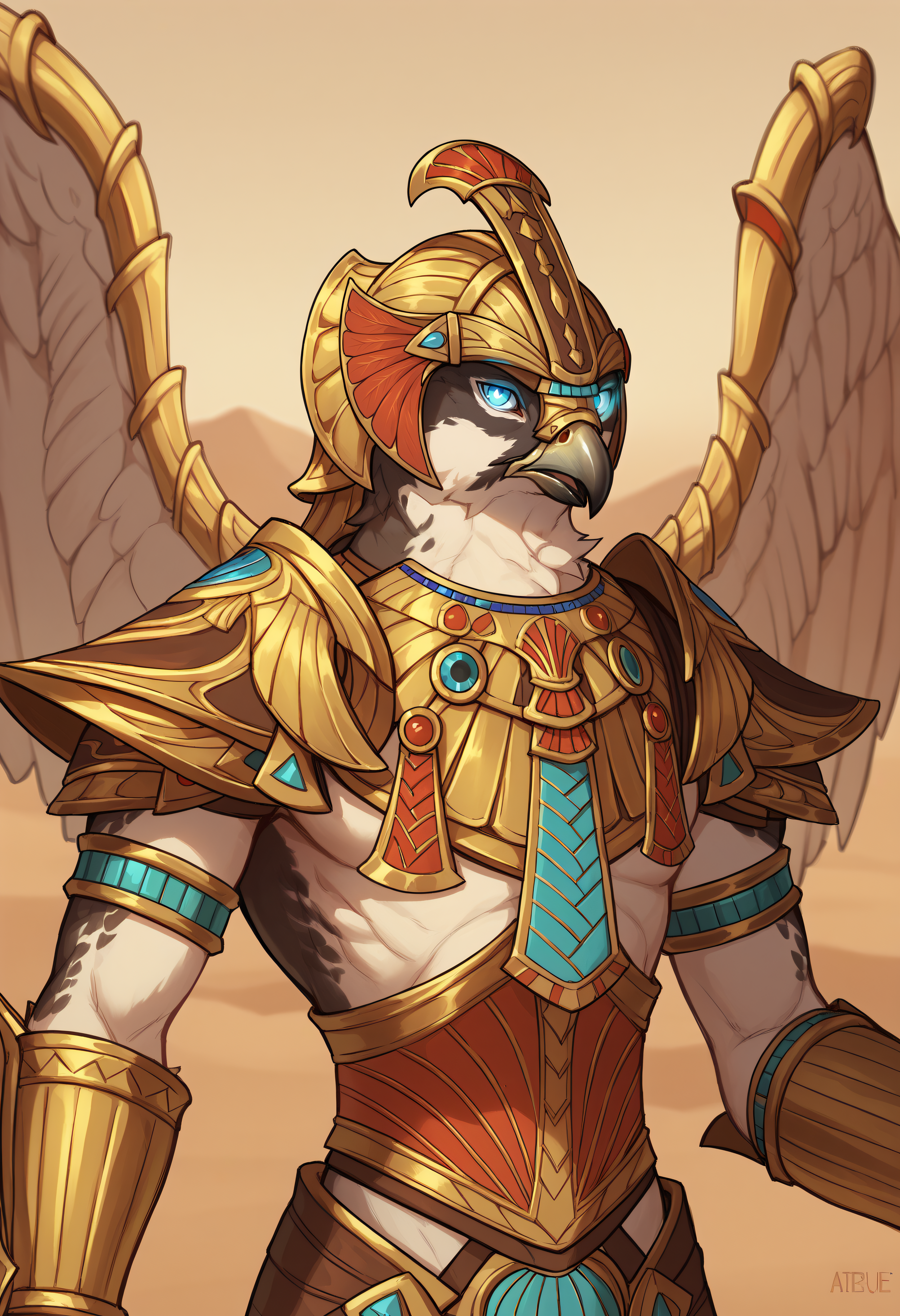 score_9, score_8_up, score_7_up, score_6_up, score_5_up, score_4_up, BREAK, horuspdxl, avian, blue eyes, furry, glowing eyes, headpiece, wings, shoulder armor, bracer, claws, solo, armor, 1boy, desert, looking at viewer, upper body <lora:HorusSmite:0.8>