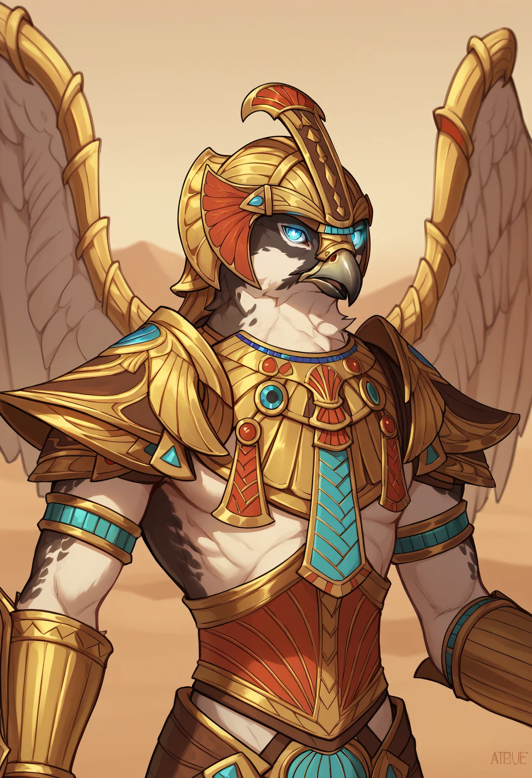 score_9, score_8_up, score_7_up, score_6_up, score_5_up, score_4_up, BREAK, horuspdxl, avian, blue eyes, furry, glowing eyes, headpiece, wings, shoulder armor, bracer, claws, solo, armor, 1boy, desert, looking at viewer, upper body <lora:HorusSmite:0.8>