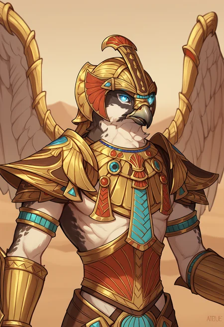 score_9, score_8_up, score_7_up, score_6_up, score_5_up, score_4_up, BREAK, horuspdxl, avian, blue eyes, furry, glowing eyes, headpiece, wings, shoulder armor, bracer, claws, solo, armor, 1boy, desert, looking at viewer, upper body <lora:HorusSmite:0.8>
