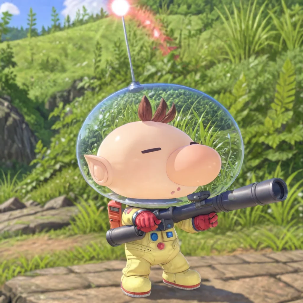 man holding bazooka, PikminOlimarXL <lora:PikminOlimarXL:0.7>, (anime, masterpiece, intricate:1.3), (best quality, hires textures, high detail:1.2), (4k),(incredibly detailed:1.4),UHD, 8K, ultra detailed