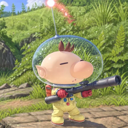 man holding bazooka, PikminOlimarXL <lora:PikminOlimarXL:0.7>, (anime, masterpiece, intricate:1.3), (best quality, hires textures, high detail:1.2), (4k),(incredibly detailed:1.4),UHD, 8K, ultra detailed