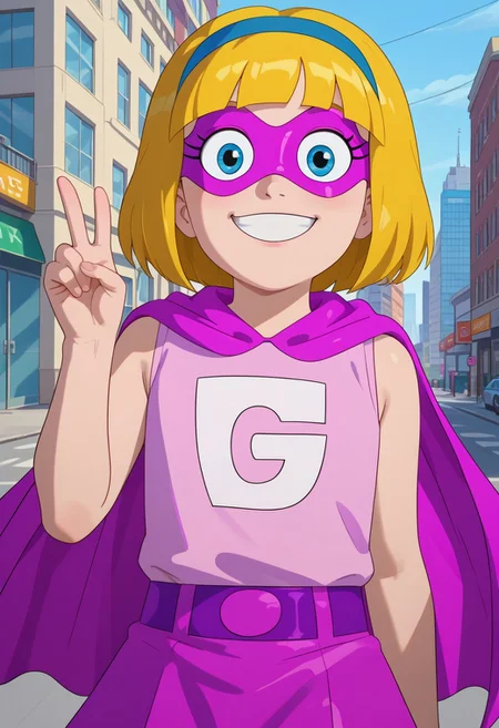 ((city background)),score_9, score_8_up, score_7_up,score_6_up, 
1girl, solo, Gretel_HYG, light skin, blue eyes, blonde hair, short hair, blue headband, purple eye mask, pink sleeveless shirt with white "G", purple skirt, dark purple belt, purple cape, dark purple shoes, big eyes, short stature, social smile, perfect eyes, perfect smile, looking at the viewer, detailed eyes, perfect eyes, standing (front pose, bust shot) five fingers, perfect hands, (hand up, v sign)