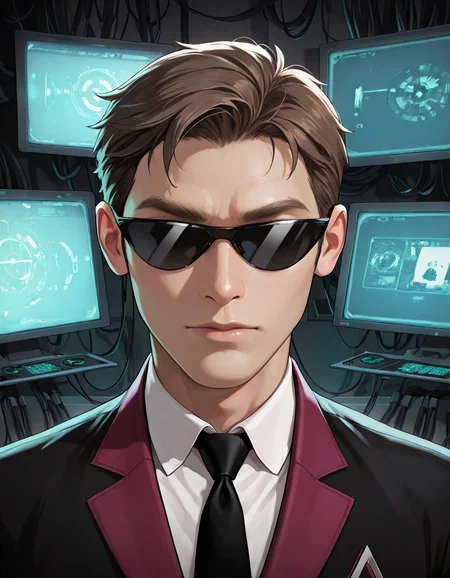 masterpiece, best quality, newest, perfect quality, best quality, detailed background, intricate details, male focus, realistic, tech lab, monitors, <lora:Helluva Boss - Agent One - Illustrious-000006:0.8>, agent1, 1boy, brown hair, black sunglasses, two-tone suit jacket, white shirt, black necktie, looking at viewer, portrait