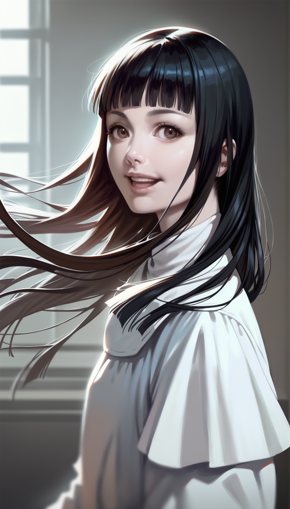 score_9,score_8_up,
realistic,(bloom:1.2),
<lora:leanne:1>,leanne,
1girl,solo,pale skin,black hair,long hair,blunt bangs,brown eyes,looking ahead,facing aside,smile,open mouth,long white dress,portrait,simple background,indoors,