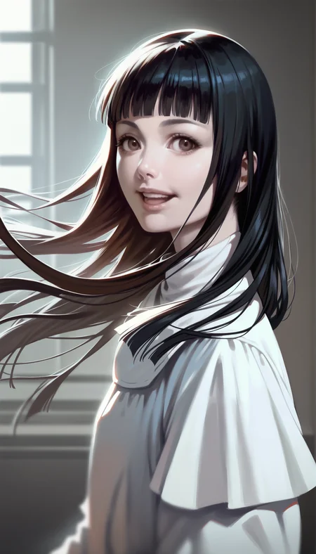 score_9,score_8_up,
realistic,(bloom:1.2),
<lora:leanne:1>,leanne,
1girl,solo,pale skin,black hair,long hair,blunt bangs,brown eyes,looking ahead,facing aside,smile,open mouth,long white dress,portrait,simple background,indoors,