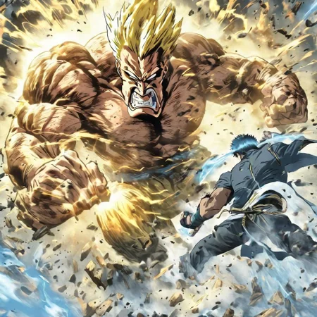 man fighting giant, guns, power attack, finishing move, action shot
