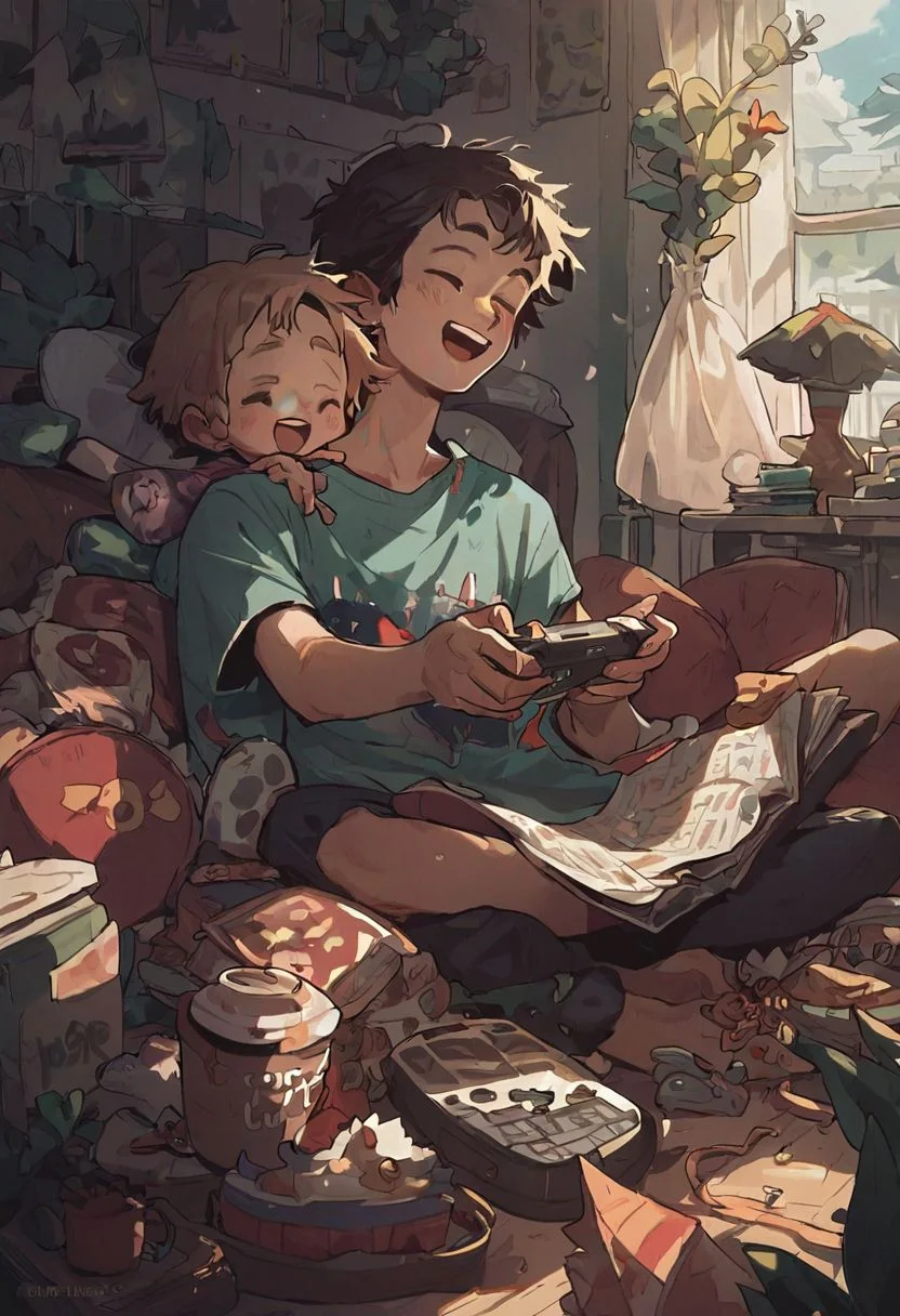 detailed, masterpiece, score_9, score_8_up, score_7_up, score_6_up, black,
Young man and young woman laughing while playing videogames, sitting on a couch in a messy room.