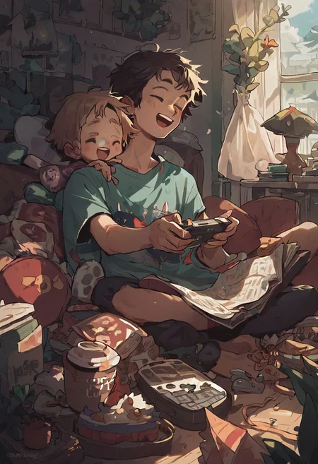 detailed, masterpiece, score_9, score_8_up, score_7_up, score_6_up, black,
Young man and young woman laughing while playing videogames, sitting on a couch in a messy room.