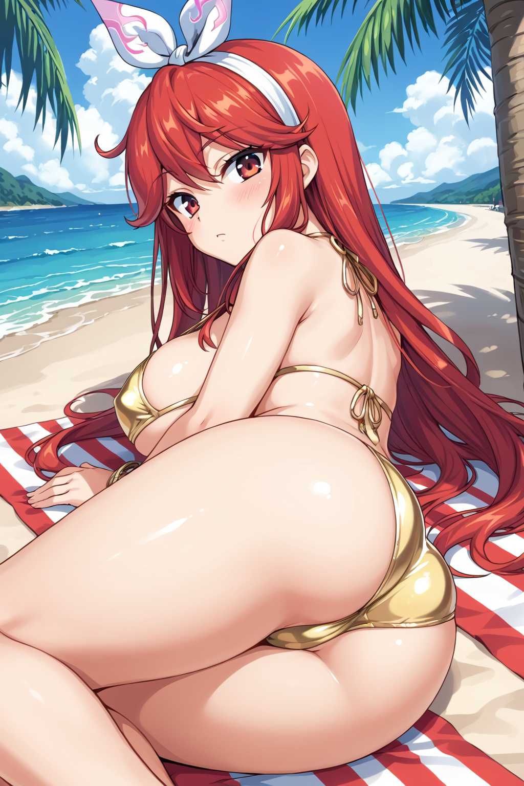 score_9, score_8_up, score_7_up, BREAK source_anime, masterpiece,
1girl, solo, hawatari mika, long hair, red hair, red eyes, hair band, large breasts, ribbon, <lora:mika_pony:0.6>
beach, gold bikini, blush, lying, ass,