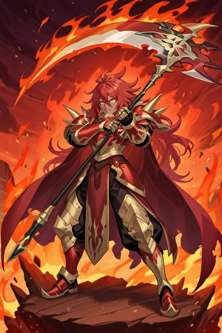 <lora:GulcasaIL:0.8>, guldef, (Guldem), dark skin, dark-skinned male, (1boy), red hair, long hair, hair between eyes, (yellow sclera), yellow eyes, (armor), full armor, spikes, shoulder armor, shoulder spikes, cape, red cape, pauldrons, gauntlets, greaves, full body, standing, frown, red aura, glowing aura, fiery aura, battle pose, holding scythe, solo, masterpiece, very aesthetic, absurdres, best quality, amazing quality, high resolution, detailed background, <lora:illustrious_quality_modifiers_masterpieces_v1:0.8> , <lora:ChamIllustriousBackgroundEnhancer:0.5>