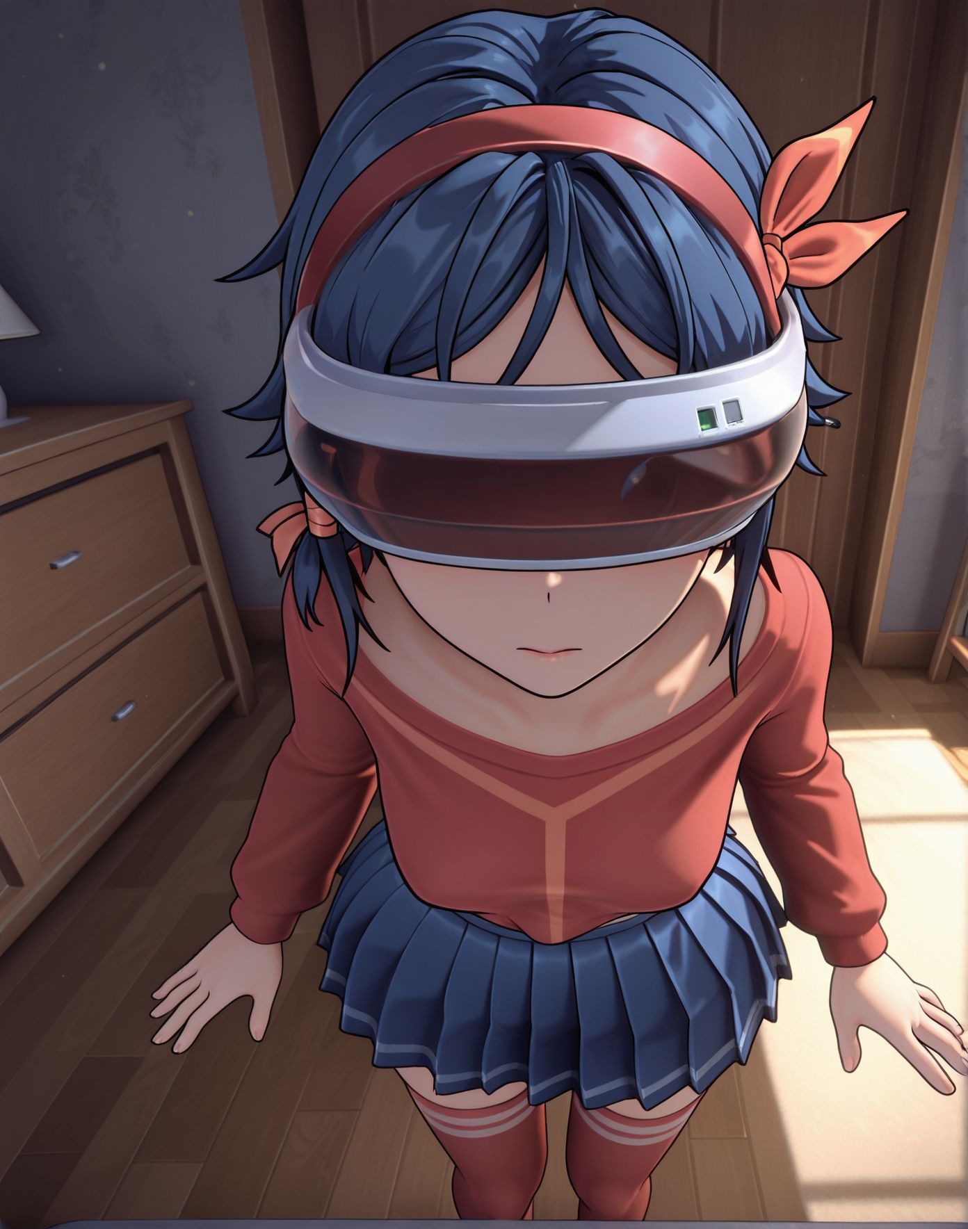 masterpiece,best quality,amazing quality,very aesthetic,absurdres,newest, huge filesize,
<lora:spo_sdxl_10ep_4k-data_lora_webui:0.5>, 
<lora:add-detail-xl:1>3d, anime coloring, 
 (head-mounted display:1.5), <lora:AmuSphere_ILXL:0.7>
ShortHairMita, 1girl, short hair, hair ribbon, red shirt, blue pleated skirt, red thighhighs, 
 <lora:Mita-MiSide-4-4-Illustrious-Test11:0.9>