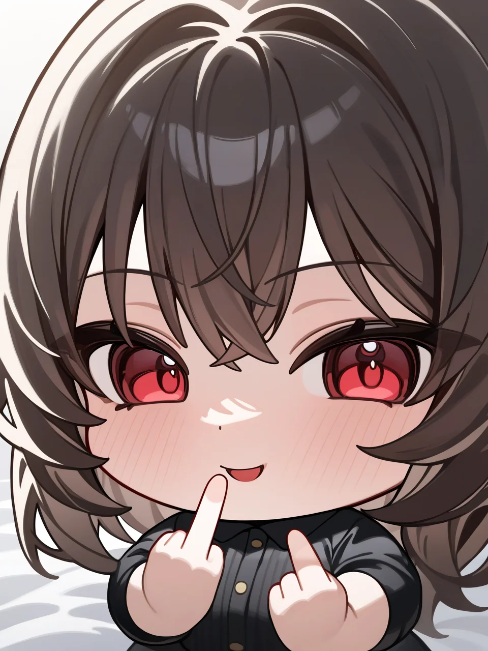 best quality,masterpiece,highres,absurdres,1girl,solo,newest,rating: general, looking at viewer , <lora:Middle_finger_XL:0.6> ,(middle_finger),(chibi style),(chibi), cute,naughty face,
