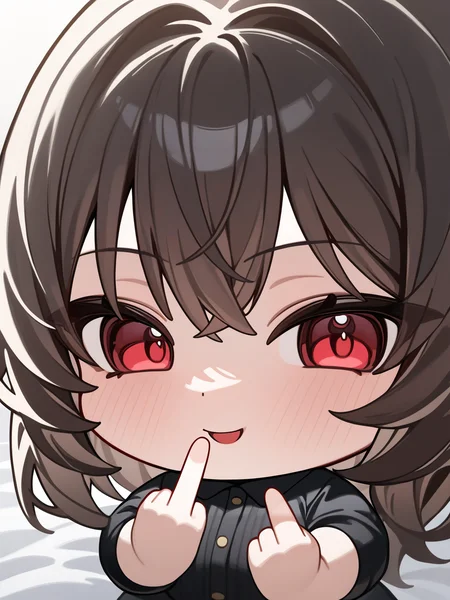 best quality,masterpiece,highres,absurdres,1girl,solo,newest,rating: general, looking at viewer , <lora:Middle_finger_XL:0.6> ,(middle_finger),(chibi style),(chibi), cute,naughty face,