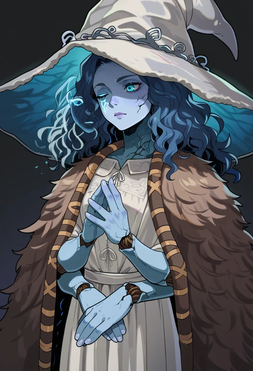 score_9, score_8_up, score_7_up, BREAK <lora:hades-guy-PONYv1:1>, shadow, portrait, 1girl, solo, <lora:Ranni_XLPD_CAME:0.8> IncrsXLRanni, wavy hair, cracked skin, blue skin, colored skin, extra arms, extra faces, doll joints, white dress, witch hat, brown cloak, dark background, glowing,