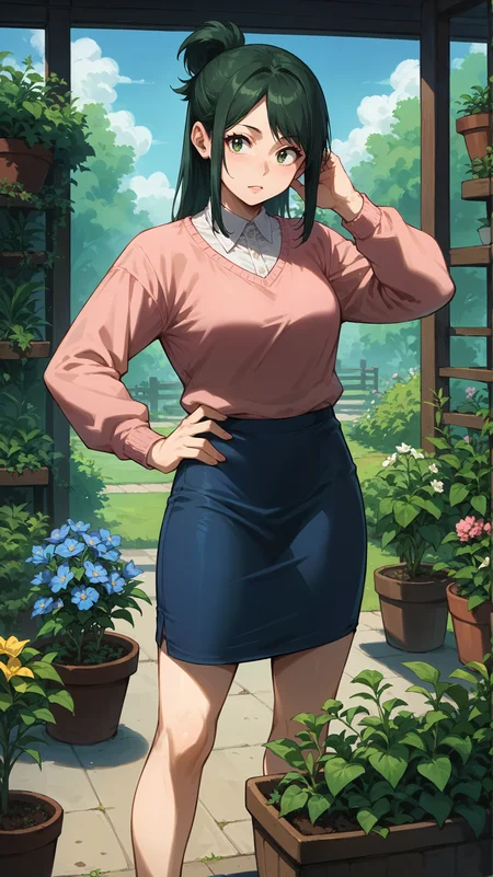 score_9,score_8_up,score_7_up,score_6_up, <lora:xl_more_art-full_v1:0.5>, source_anime, woman, dynamic pose, standing with hand on her hip, <lora:Inko Midoriya - Pony-000004:0.8>, green hair, short ponytail, green eyes, pink sweater, blue skirt, pencil skirt, gardening, flower garden,