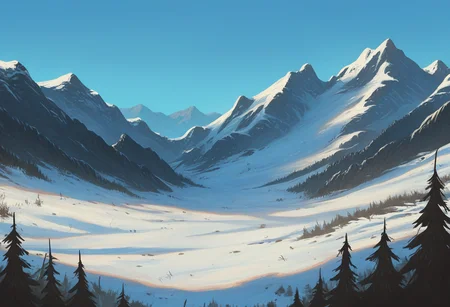 very awa, masterpiece, best quality, hightres, absurdres, pixelPaint, nature, scenery, snow, no humans, hills, mountainous horizon, morning, winter, <lora:PixelPaintStylez-IL:1>