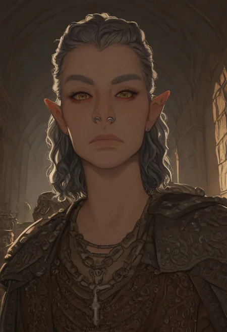 solo, short pointy ears, piercings, random elf face, aquiline features, male dark elf, masculine, facial hair, brow rings, beaded piercings, weathered skin, chiseled features, large nose, insect chitin armor, insect chitin helmet, insect chitin ornaments, stylized insect pattern, athletic build, animated realism, zoomed out, Syrian features, torso, brass pipes and gears, intricate architecture, dwarven masonry, dwemer fixtures, white-green light, gloomy lighting, ancient ruins, interior, stone tiled floor, grey-blue skin, mahogany and ivory clothes, medium armor, bone plate armor, ivory straps and fittings, alien bone ornaments, grey wood neckguard, red sclera, black pupils, blue-green light, neon, highly detailed, defined features, looking at viewer, three quarters view, from below, dynamic lighting, 29 years old, light and shadows, patterned cloth, annoyed expression, expressive eyes, detailed medieval clothes, short hair, wavy hair, thick hair, beaded hair, braided hair, under cut hair, semirealistic, alien elf, spanish features, jewish features, white grey hair, dark red hair, umber skin, sharp features, pastel green inuit print cloak, nighttime, high detail, absurdres, pretty eyes, detailed eyes, yellow eyes,