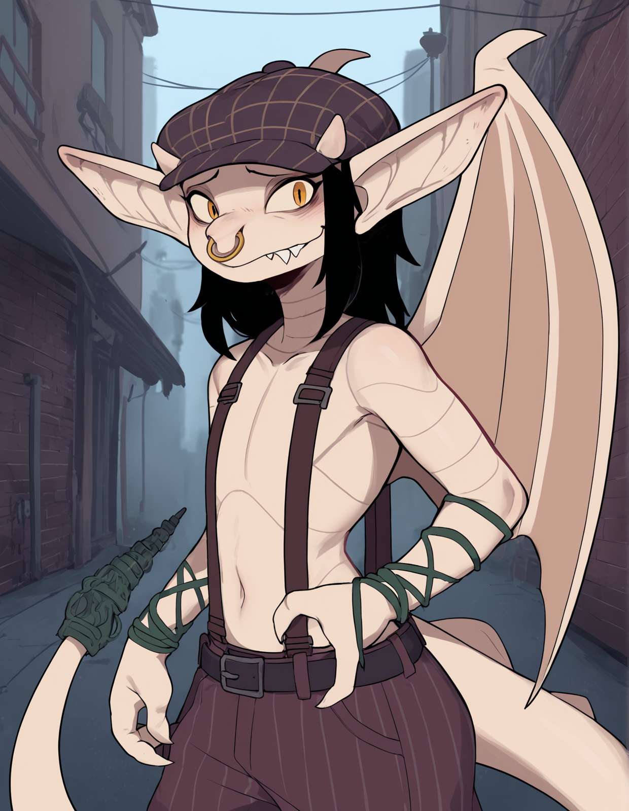 score_9, score_8_up, score_7_up, score_6_up, score_5_up, score_4_up, source_furry, aze, qdnt, ivy \(deadlock\), deadlock, valve, gargoyle, 4 fingers, anthro, big ears, black hair, bottomwear, clothed, clothing, facial piercing, fangs, featureless chest, female, fingers, flat chested, hair, hat, headgear, headwear, horn, long ears, looking at viewer, nose piercing, nose ring, oversized bottomwear, oversized clothing, oversized pants, pants, piercing, ring piercing, septum piercing, septum ring, sharp teeth, solo, suspenders, tail, teeth, topless, wings, detailed background, outside, city, new york, tan body, (short:1.2), alley, dark, night, nervous, shy, from side, side view
<lora:ivy-deadlock_pdxl:1>