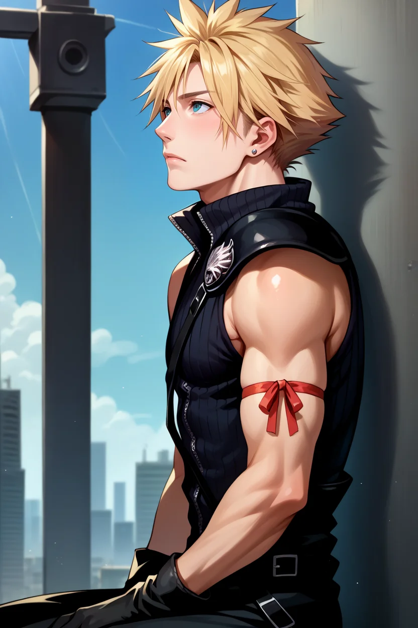 score_9, score_8_up, score_7_up, score_6_up, source_anime, photorealistic, 1boy, male focus, solo BREAK <lora:cloudstrife-pdxl-nvwls-v1-000006:0.9> acCloud, blonde hair, single earring, high collar, black shirt, single shoulder pad, harness, arm ribbon, black gloves, black pants, from side, looking up, city, sitting
