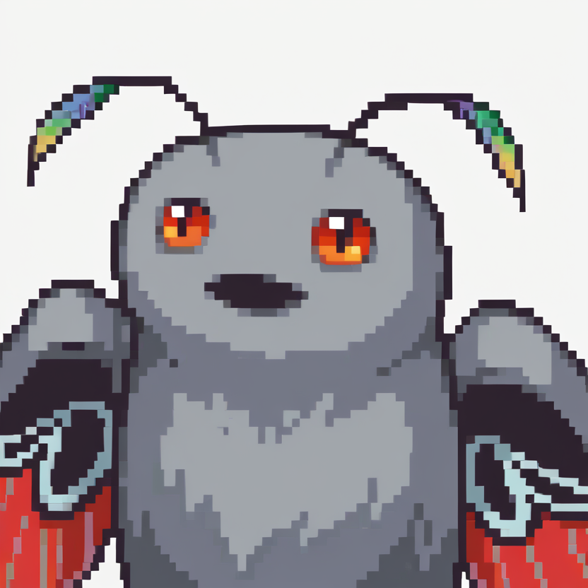 score_9, score_8_up, score_7_up, source_anime BREAK 1guy, solo,
<lora:zs_FEGBAPortraitsXL:1> fegbaportraits, portrait, white background, 
 <lora:Mothman-pdxl_Fp:1> mothman, pokemon \(creature\), red eyes, open mouth, antennae, grey skin, wings
