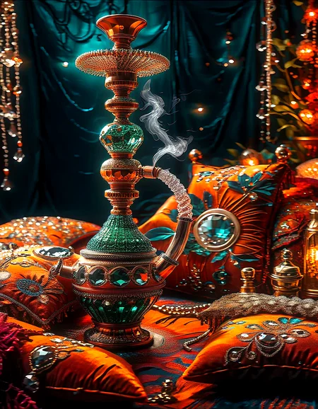 asymmetrical, 3d shadows, (bohemian:1.5), (chiaroscuro:1.5), vibrant (deep emerald, very closeup,  copper crystal steampunk hookah chambers:1.1) orange tuft pillows, 8k, hdr, ral-swarcrystl, specular, shiny, sparkle, moody dark at night, (deep red accents:1.3),