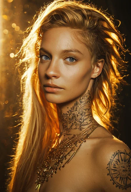 artistic photography, close up portret (photo:1.3) of nordic 1girl , warrior, totaled, skinny, (golden intricite runes tattoos on the neck:1.3), sharp facial feathers, voluptuous, vivid colors , (in modern cathedral:1.1), (bokeh, particle efects), (dark background:0.7), cinematic still, gold highlights, looking looking at viewer,, .score_9, score_8_up, score_7_up,