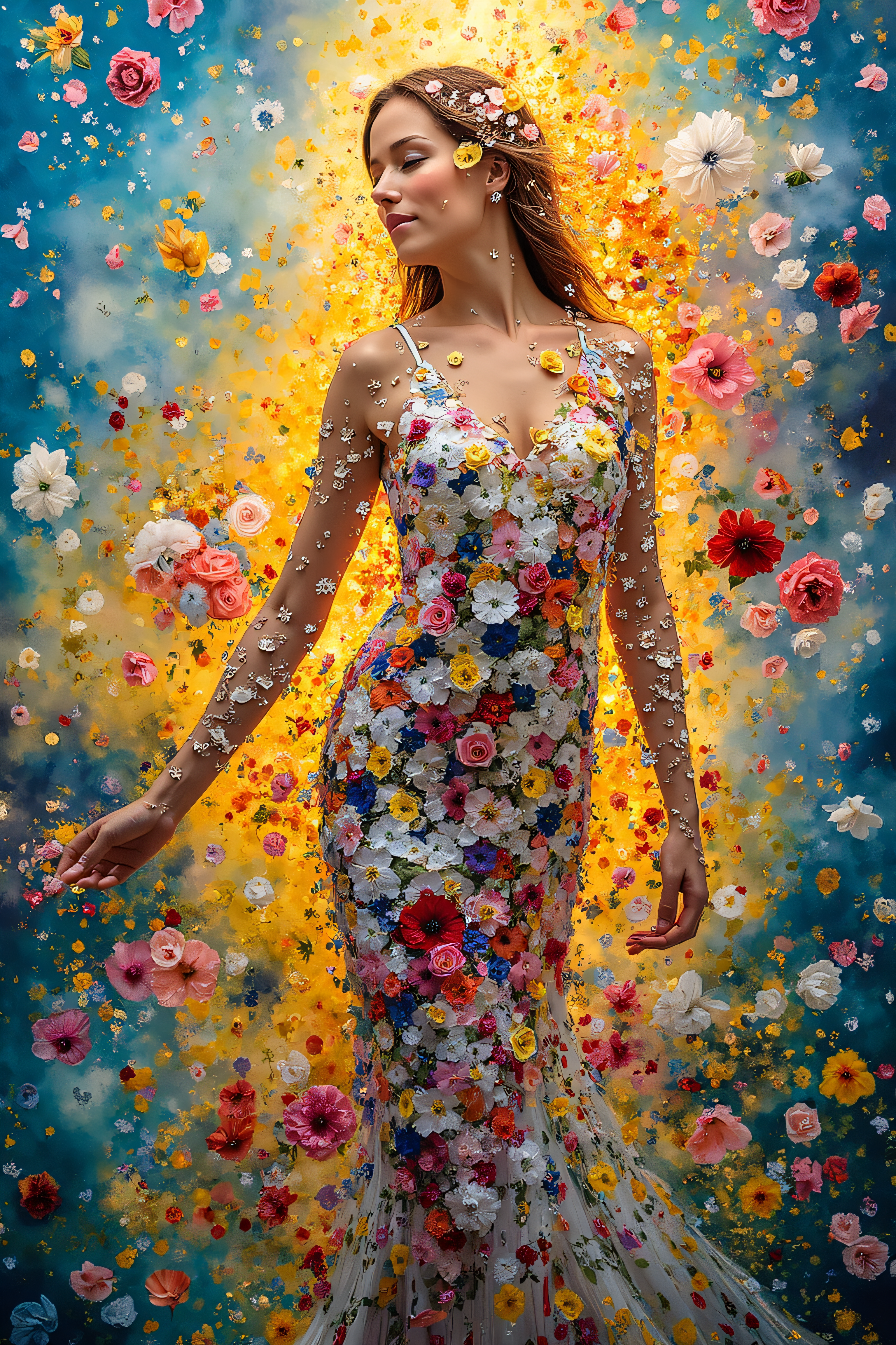 Create an abstract art, full body picture of eve wearing floral clothes in an expressive oil painting style. their covered body is covered by flowers. Use a vivid explosion of colors including blue, yellow, red, white, pink, black, and green. The body should be symmetrical and hyper-detailed, with a gleaming golden accent to radiate light. The composition should be ethereal, blending sky, flowers, water, and fire to create a harmonious and brilliant visual experience. biblical